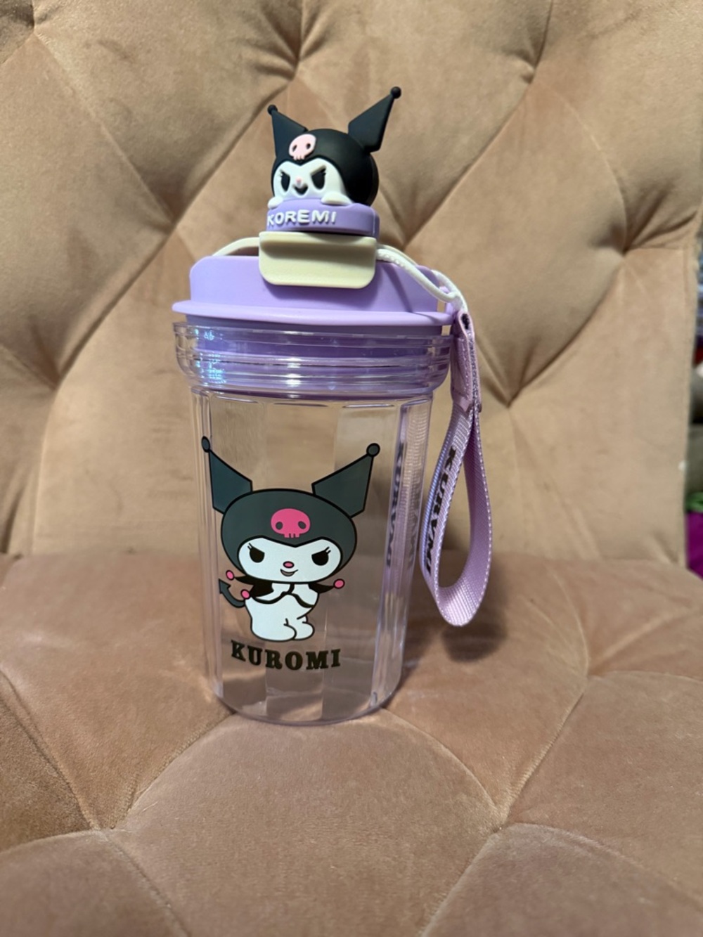 Sanrio Kuromi Clear Water Bottle with Lavender Lid and Character Top